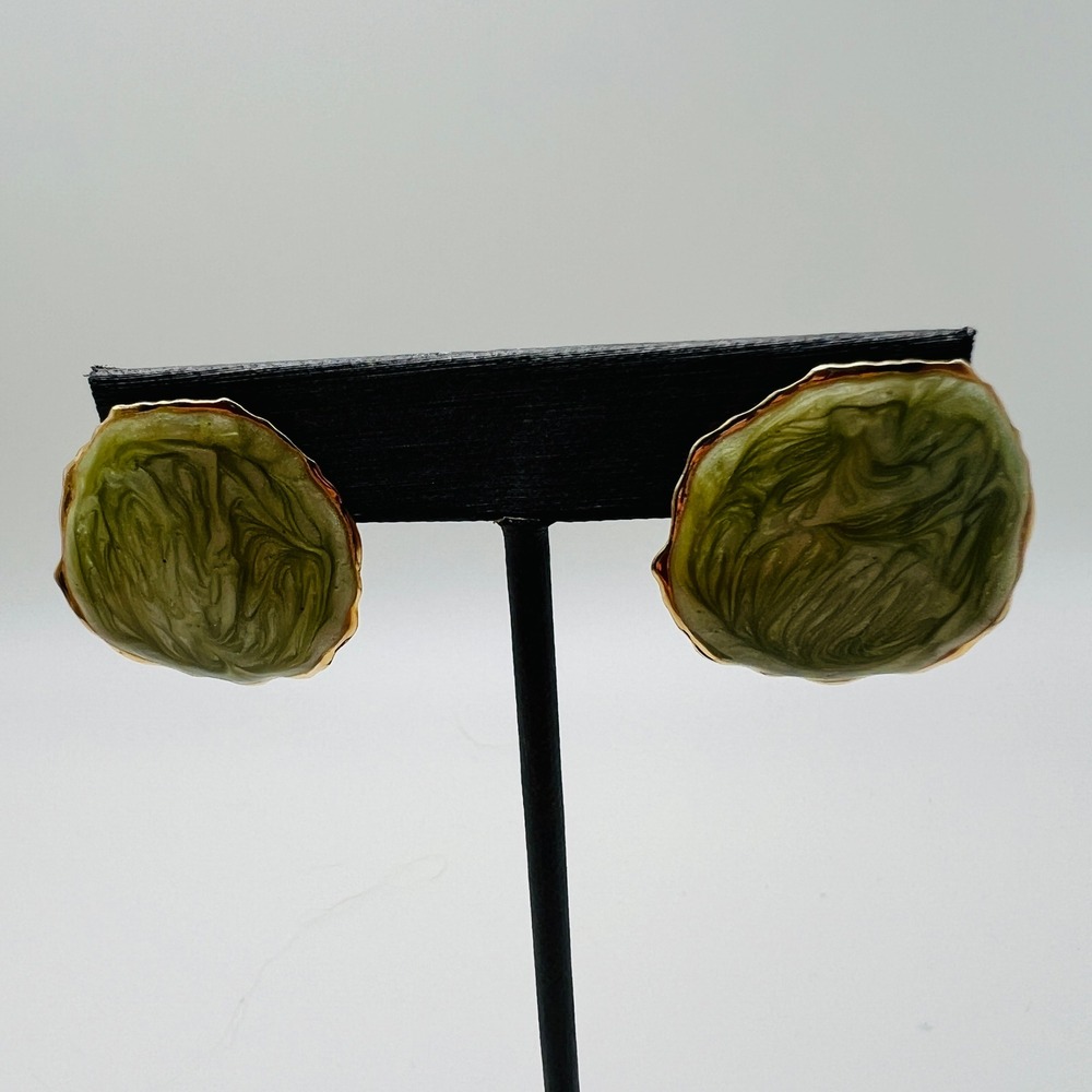 Vintage Sage Green Swirl Enamel‎ Gold Tone Organic Round Stud Earrings